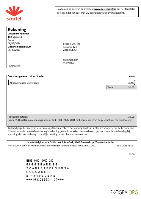 Modèle de facture de services publics pour les entreprises belges Scarlet au format Word et PDF